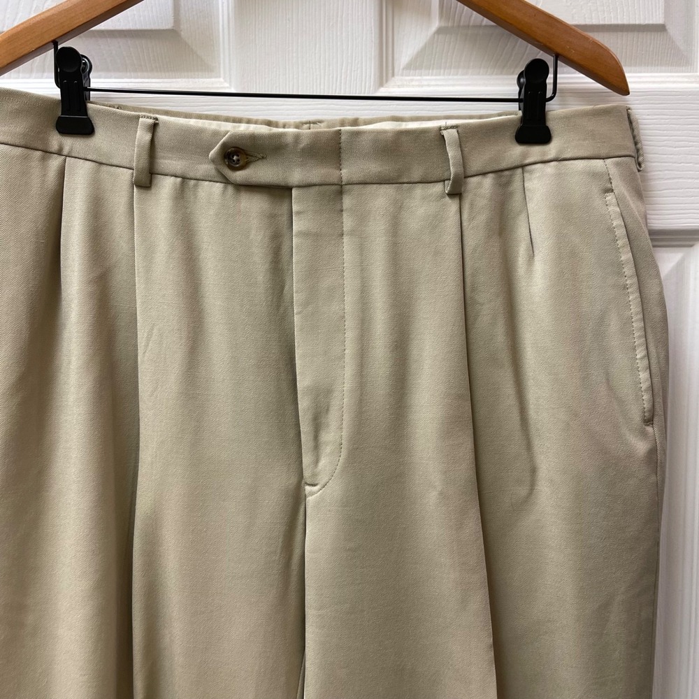 Vintage Tommy Hilfiger Men 36x31 Khaki Wool Tailored Trousers Pleated Cuffed